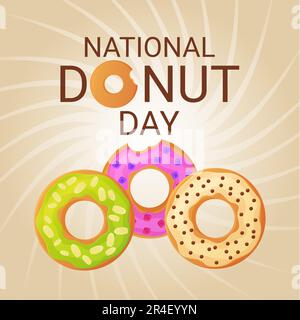 Banner zum nationalen Donut-Tag. 2. juni. Viehvektorillustion im flachen Cartoon-Stil. Stock Vektor