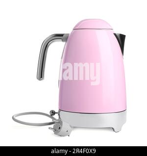 Moderner elektrischer Wasserkocher in Pink mit Sockel und Stecker, isoliert auf weiß Stockfoto