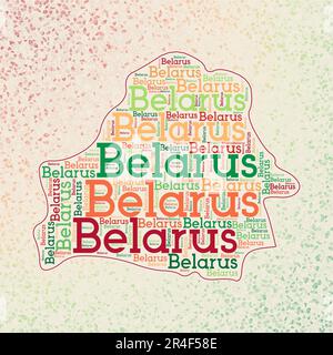 Weißrussische Form mit Ländernamen „Wortwolke“ in mehreren Sprachen. Grenzkarte zu Weißrussland mit erstaunlichen Dreiecken, die überall verstreut sind. Coole Vektordarstellung Stock Vektor