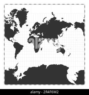 Vector-Weltkarte. Sphärische Mercator-Projektion. Geografische Karte mit Breiten- und Längengraden. Zentriert auf 60deg W Längengrad. Vektor Stock Vektor