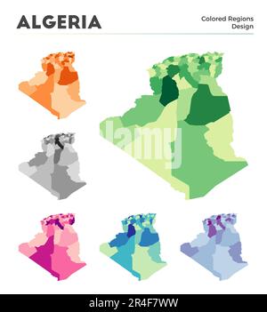 Algerische Kartensammlung. Grenzen Algeriens für Ihre Infografik. Farbige Länderregionen. Vektordarstellung. Stock Vektor