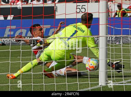 Stuttgart, Deutschland. 27. Mai 2023. Oliver Baumann (Front), Torwart von Hoffenheim, stoppt den Ball von Tiago Barreiros de Melo Tomas aus Stuttgart während des deutschen Bundesliga-Fußballspiels in der ersten Spielklasse zwischen VfB Stuttgart und TSG Hoffenheim am 27. Mai 2023 in Stuttgart. Kredit: Philippe Ruiz/Xinhua/Alamy Live News Stockfoto