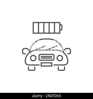 Lineares Vektorsymbol für Elektroautos. Umweltfreundlicher Automatikmodus. Umweltfreundliches Fahrzeug. Automobil mit Batterie. Darstellung der Vektorkontur isoliert auf weißem Hintergrund Stock Vektor