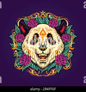 Sugar Skull Panda Head mit Blumenhintergrund Illustrationen Vektorbilder für Ihr Arbeitslogo, Merchandise-T-Shirt, Aufkleber und Etikettendesigns, Stock Vektor