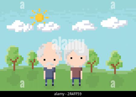 Ältere Ehepaare im Park Ikone, Pixel 8-Bit-Stil Stock Vektor
