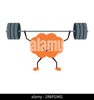 Ein starkes, starkes Gehirn hält eine schwere Hantel. Intelligenz, Geist, Vorstellungskraft, Kreativität, Wissen und Bildungskonzept. Trainiere dein Gehirn. Vektor Stock Vektor