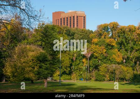 Das Pullman Melbourne On the Park Hotel im Herbst jenseits der Fitzroy Gardens, East Melbourne, Victoria, Australien Stockfoto