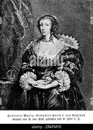 Henriette Marie war eine französische Prinzessin aus dem 17. Jahrhundert, die durch ihre Ehe mit König Karl I. zur königlichen Gemahlin Englands wurde Sie war eine gläubige Katholikin und sah sich erheblichen Widerständen der protestantischen Mehrheit in England gegenüber. Sie war an einer Reihe politischer Intrigen beteiligt und spielte eine Schlüsselrolle bei der Sicherstellung der französischen Unterstützung für die Sache der Royalisten während des Englischen Bürgerkriegs. Nach der Hinrichtung des Königs ging sie ins Exil nach Frankreich und unterstützte die Sache der Royalisten bis zu ihrem Tod Stockfoto