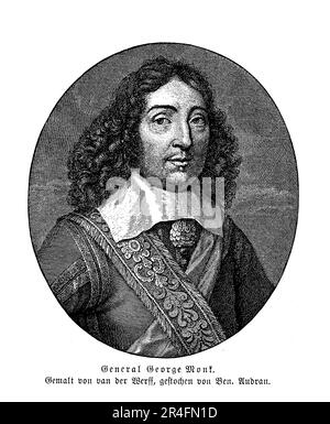 George Monck, auch bekannt als General George Monck, war ein englischer Soldat und Staatsmann aus dem 17. Jahrhundert, der eine Schlüsselrolle bei der Wiederherstellung der Monarchie in England spielte. Er diente während des Englischen Bürgerkriegs als Oberbefehlshaber der Armee und spielte später eine Schlüsselrolle bei der Wiederherstellung der Monarchie im Jahr 1660, als er seine Armee nach London marschierte und das parlament überredete, Karl II. Aus dem Exil zurückzuholen. Monck wurde für seine Loyalität mit dem Titel Duke of Albemarle belohnt und diente als einer der vertrauenswürdigsten Berater von Charles II. Er spielte auch eine Rolle in den angloniederländischen Kriegen und beaufsichtigte t Stockfoto