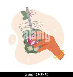 Die Hand hält einen erfrischenden Eistee in Plastikglas Stock Vektor