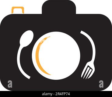 Logo-Vorlage für Lebensmittelfoto-Vektor. Dieses Design verwendet Kameramodell mit Platte, Löffel und Gabel. Geeignet für Geschäft, Fotografie, Vlog Stock Vektor