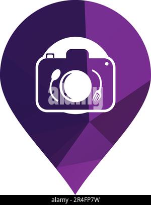 Logo-Vorlage für Lebensmittelfoto-Vektor. Dieses Design verwendet Kameramodell mit Platte, Löffel und Gabel. Geeignet für Geschäft, Fotografie, Vlog Stock Vektor