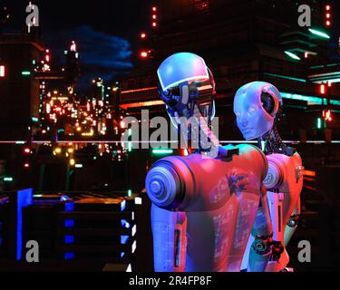 Weibliche und männliche Roboter. Sie sehen sich im Hintergrund der Nachtlichter der Stadt an. 3D-Rendering. Stockfoto