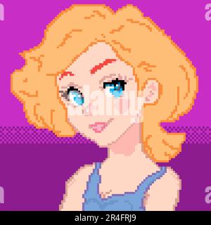 Lächelndes Cartoon-Mädchen im Pixel-Art-Stil. Farbdarstellung für Design Stockfoto