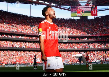 Lissabon, Portugal. 27. Mai 2023. Goncalo Ramos aus Benfica feiert, beim Fußballspiel der Portugiesischen Liga zwischen SL Benfica und Santa Clara am 27. Mai 2023 in Lissabon, Portugal, ein Tor zu schießen. Kredit: Pedro Fiuza/Xinhua/Alamy Live News Stockfoto