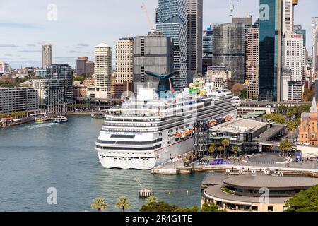 Kreuzfahrtschiff mit Karneval-Pracht am Circular Quay im Hafen von Sydney, Firmenbürogebäude im Stadtzentrum, Stadtbild, Sydney, NSW, Australien Stockfoto