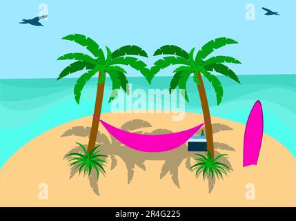 Hängematte am Strand für serfer zum Entspannen auf einer Hängematte im Mondschein zwischen zwei Palmen Stock Vektor