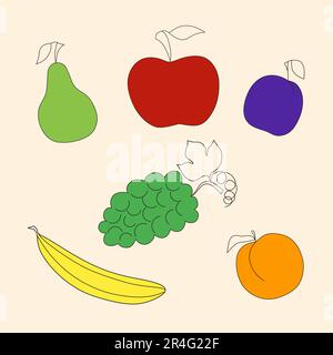 Süße leuchtende Farben von Obstvektorsammlungen. Fruchtset besteht aus Setzobst, Birne, Apfel, Pflaume, Trauben, Banane, Aprikose. Verfügbar in EPS10. Stock Vektor