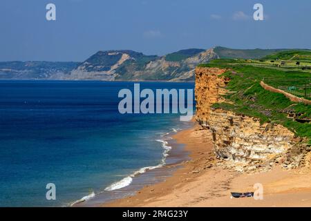 Die dramatischen und instabilen Sandsteinklippen in Burton Bradstock sind ein beliebtes Reiseziel an der Jurassic Heritage Coast, Dorset, England, Großbritannien Stockfoto