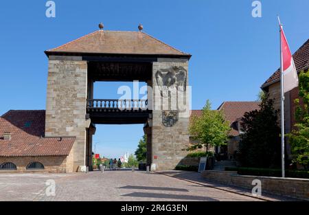 Das Deutsche Weintor in der südpfalzischen Weinbaugemeinde Schweigen-Rechtenbach markiert den Beginn der deutschen Weinstraße Stockfoto