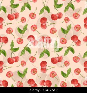 Aquarelle Kirsche. Nahtloses Aquarell-Kirschmuster. Sommerdessert. Kirschbeeren Stockfoto