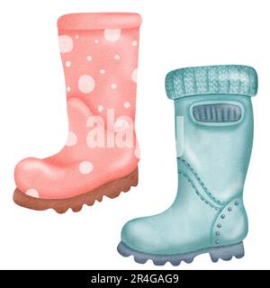 Set aus handgezeichneten Pastellfarben mit digitaler Aquarellzeichnung Kollektion von Gummistiefeln mit verschiedenen Mustern. Babystiefel für Jungen und Mädchen. Schließen Stockfoto