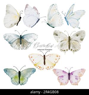 Aquarell weiche Erdtöne Schmetterlinge Kollektion, Illustration Schmetterlingselemente isoliert auf weißem Hintergrund. Geeignet zum Dekorieren nach Ihren Wünschen Stockfoto