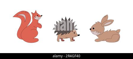 Vektorsüße herbstliche Cartoon-Tiere für Thanksgiving-Dekoration. Kleine wilde Tiere - Eichhörnchen, Igel und Hasen Stock Vektor