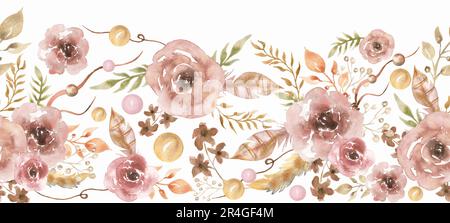 Aquarell zarte rosafarbene Blumen und Federn nahtloser Rahmen, Pfingstrosen und Blätter Dekor wiederholen die Rahmendarstellung Stockfoto
