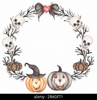 Happy Halloween Holiday Party Kranz mit Schädel, gruseligen Kürbissen, schwarzer Schleife und schwarzen Ästen Clipart. Aquarell-Cartoon-Illustration. Stockfoto