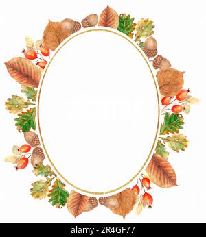 Hallo Herbstkranz, botanischer Herbstkranz, Wasserfarben handgezeichnete Beeren und Äste Illustration. Stockfoto