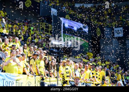 Tierunterstützung vor dem Spiel belagern Bienen den Rand des Spielfelds, Fußball 1. Bundesliga, 34. Spieltag, Borussia Dortmund (DO) - FSV FSV Mainz 05 (MZ) 2: 2, am 27. Mai 2023 in Dortmund/Deutschland. Stockfoto