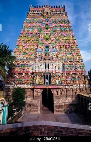 Sarangapani Tempel Rajagopuram das Haupttor hat elf Ebenen und hat eine Höhe von 173 Fuß 53 m in Kumbakonam, Tamil Nadu, Indien, Asien Stockfoto