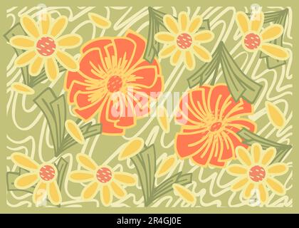 Groovy Wavy Daisy Horizontalbanner Abstrakte Retro-Linien Art ästhetischer 70s-Stil. Trendiger Hintergrund mit 1960er Farben für Blumenkerben. Psychedelischer Jahrgang Stock Vektor