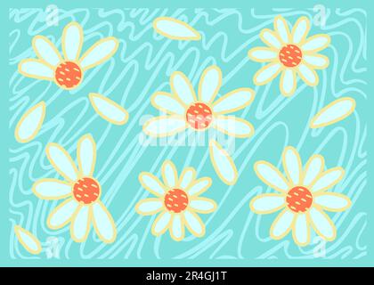 Groovy Wavy Daisy Horizontalbanner Abstrakte Retro-Linien Art ästhetischer 70s-Stil. Trendiger Hintergrund mit 1960er Farben für Blumenkerben. Psychedelischer Jahrgang Stock Vektor