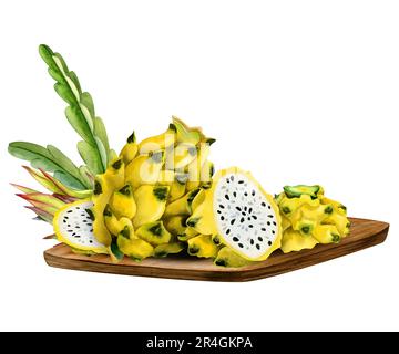 Gelbe ganze Drachenfrucht und Scheiben auf Holzbrett mit Kaktusblättern Aquarell Illustration exotische Pitahaya Stockfoto