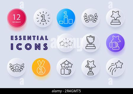 Symbolset mit Medaillen für den ersten Platz. Goldmedaille mit Band für Leistung und Exzellenz. Sieg, Konzept. Neomorphismus-Stil. Vektorliniensymbol f Stock Vektor