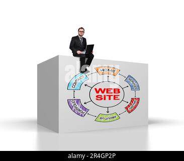 Ein Geschäftsmann sitzt auf einem großen Würfel und zeichnet ein Websiteschema Stockfoto