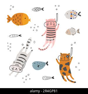 Lustige Katzen in Masken und Fische unter Wasser. Vektordarstellung. Stock Vektor