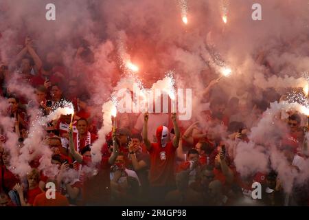 Antwerpen, Belgien. 28. Mai 2023. Antwerpens Fans wurden während eines Fußballspiels zwischen dem Royal Antwerpen FC RAFC und der Royale Union Saint-Gilloise am Sonntag, den 28. Mai 2023 in Antwerpen, am 5. Tag der Spiele der Champions in der ersten Liga der „Jupiler Pro League“ der belgischen Meisterschaft dargestellt. BELGA PHOTO DIRK WAEM Credit: Belga News Agency/Alamy Live News Stockfoto