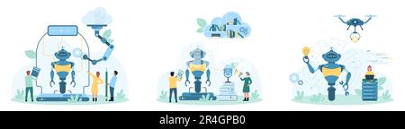 KI und Algorithmen, Technologie für maschinelles Lernen, Vektordarstellung. Cartoon Tiny People und ein überwachter Roboterarm erschaffen einen android-Roboter, einen futuristischen Automatisierungsprozess des digitalen Gehirns Stock Vektor