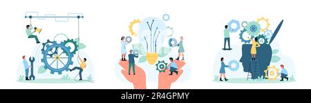 Automatisierung der Vektordarstellung des Arbeitssatzes. Cartoon winzige Menschen arbeiten mit Zahnrädern von Maschinen, reparieren Zahnräder im menschlichen Kopf, große Hände halten das Team von Mitarbeitern in der Nähe von Glühbirnen und Teilen des Mechanismus Stock Vektor