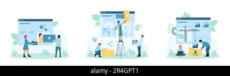 Webservices legen Vektordarstellung fest. Cartoon Tiny People fügen Webseiten zu Favoriten hinzu, teilen Videos in sozialen Medien online, übertragen und laden Backup- oder digitale Ordner mit Dateien in das Cloud-System herunter Stock Vektor