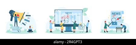 Vektordarstellung gefälschter Nachrichten. Cartoon Tiny People recherchieren Fakten in sozialen Medien mit Lupe, indem sie Barrieren und Warnschilder auf das Megafon setzen, um die Verbreitung zu stoppen, und Desinformationen online teilen Stock Vektor