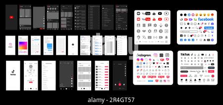 TIK Tok, YouTube, instagram und facebook-Modell. Vorlage für große Bildschirme für soziale Medien und soziale Netzwerke. Homepage, Empfehlungen Stock Vektor