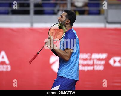 Kuala Lumpur, Malaysia. 28. Mai 2023. Indiens Prannoy H.S. feiert auf der Malaysia Masters 2023 am 28. Mai 2023 in Kuala Lumpur, Malaysia, den Sieg des Finalspiels der Männer gegen Weng Hongyang. Kredit: Wong Fok Loy/Xinhua/Alamy Live News Stockfoto