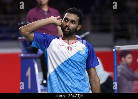 Kuala Lumpur, Malaysia. 28. Mai 2023. Indiens Prannoy H.S. feiert auf der Malaysia Masters 2023 am 28. Mai 2023 in Kuala Lumpur, Malaysia, den Sieg des Finalspiels der Männer gegen Weng Hongyang. Kredit: Wong Fok Loy/Xinhua/Alamy Live News Stockfoto