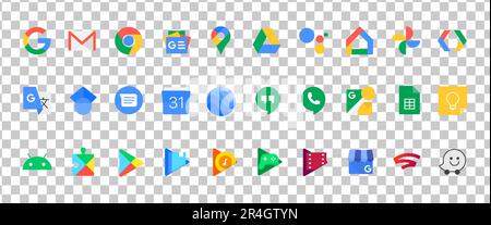 Google Set-Symbol. Chrome, google Podcast, ein Laufwerk, Karten, Pixel, suche Concsole, Optimize, google Anzeigen, Cloud, interaktive Medien, Manövriermittelpunkt, Stock Vektor