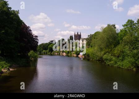 Sehen Sie den Calm River Wye entlang zur Hereford Cathedral von der Victoria Suspension Bridge Herefordshire England UK an einem schönen Maitag Stockfoto