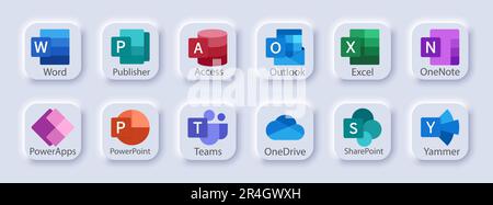 Microsoft Office 365: Excel, PowerPoint, Publisher, Sway, Outlook, SharePoint, Access, Exchange, Word, Yammer, OneDrive, Teams, Skype, OneNote, Yammer Stock Vektor